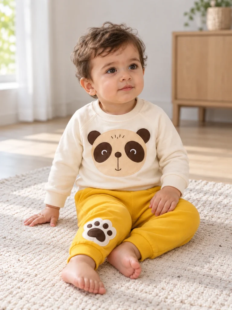 Erkek Bebek Sarı Panda Baskılı Uzun Kollu Pamuklu Takım 9-18 Ay