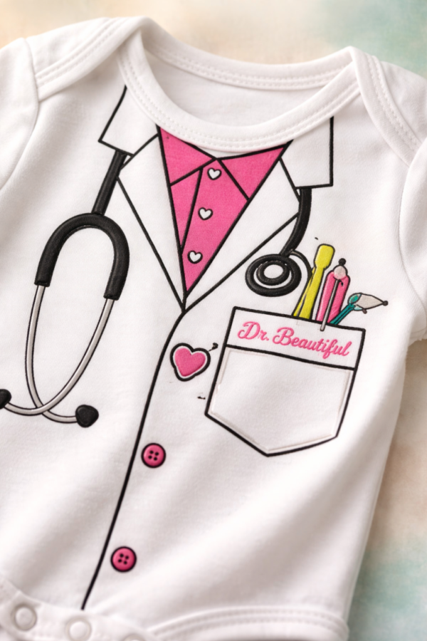 Doktor desenli beyaz pamuklu u00e7u0131tu00e7u0131tlu0131 erkek bebek zu0131bu0131nu0131 0-6 ay - Gorsel 3