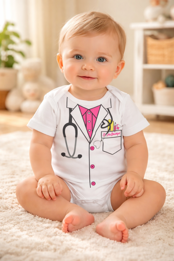 Doktor desenli beyaz pamuklu u00e7u0131tu00e7u0131tlu0131 erkek bebek zu0131bu0131nu0131 0-6 ay - Gorsel 2