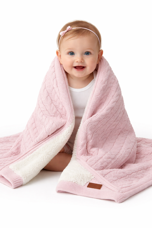 Kız Bebek Pembe Renk Welsoft İç Yüzeyli Örgü Detaylı Battaniye - Gorsel 2
