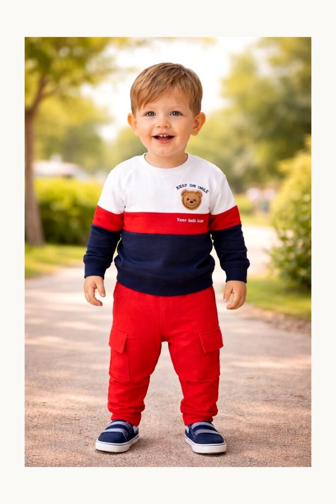 Erkek Bebek ve Çocuk Lacivert Kırmızı Keep On Smile Baskılı Takım 1-4 Yaş