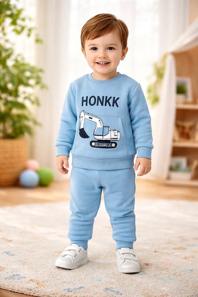 Erkek Bebek Mavi HONKK Kepçe Baskılı Şardonlu Takım 6-24 Ay