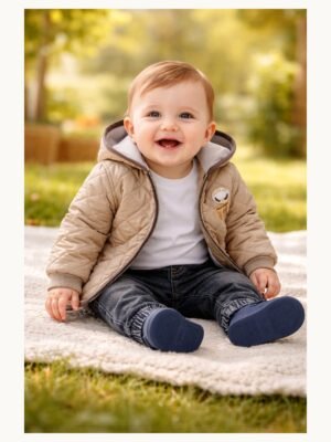 Erkek Bebek Kahverengi Kapüşonlu Kapitone Montlu Kot Pantolonlu Takım önden tam giyimli bebek mankenli görünüm