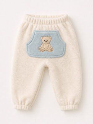 Erkek Bebek Krem Kanguru Cepli Ayıcık Baskılı Peluş Tek Alt Pantolon mankensiz krem peluş ayıcık baskılı tek alt pantolon önden görünümü
