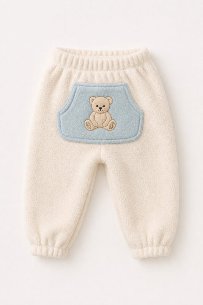 Erkek Bebek Krem Kanguru Cepli Ayıcık Baskılı Peluş Tek Alt Pantolon 3-24 Ay