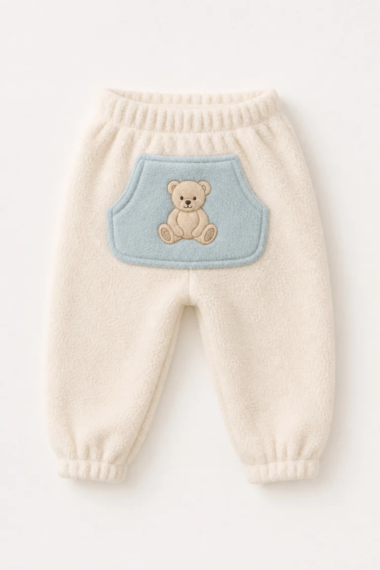 Erkek Bebek Krem Kanguru Cepli Ayıcık Baskılı Peluş Tek Alt Pantolon mankensiz krem peluş ayıcık baskılı tek alt pantolon önden görünümü
