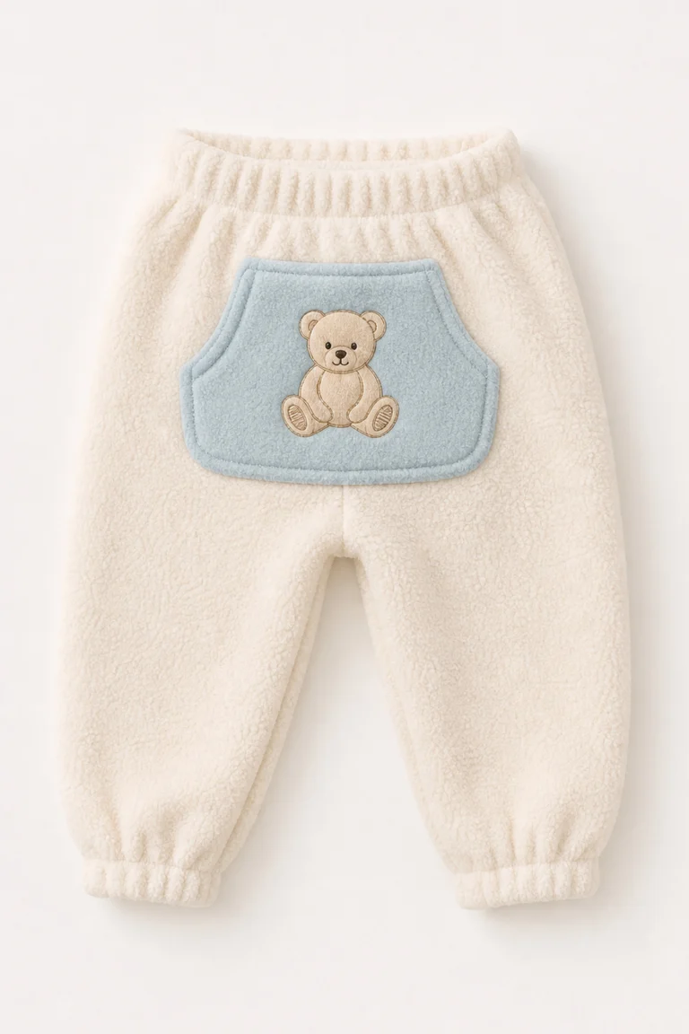 Erkek Bebek Krem Kanguru Cepli Ayıcık Baskılı Peluş Tek Alt Pantolon krem peluş mavi kanguru cepli bebek pantolonu yakın görünümü