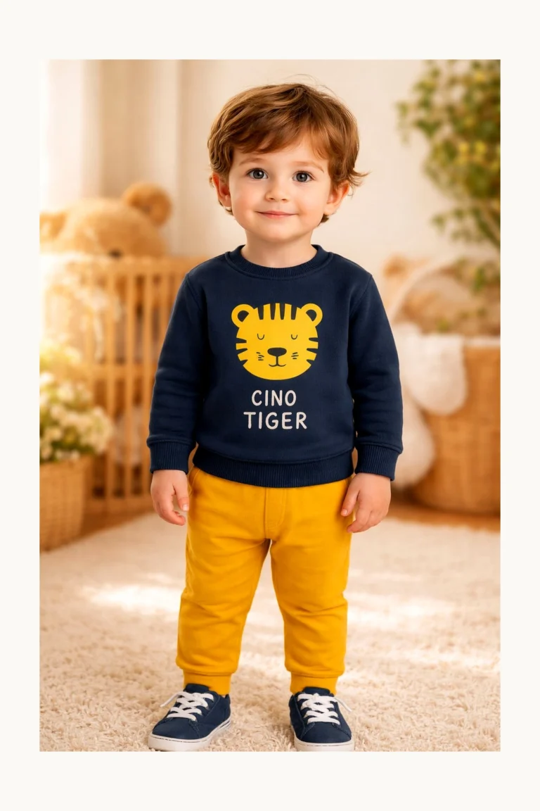 Erkek Bebek Lacivert Cute Tiger Baskılı 2li Takım yandan tam giyimli bebek mankenli görünüm