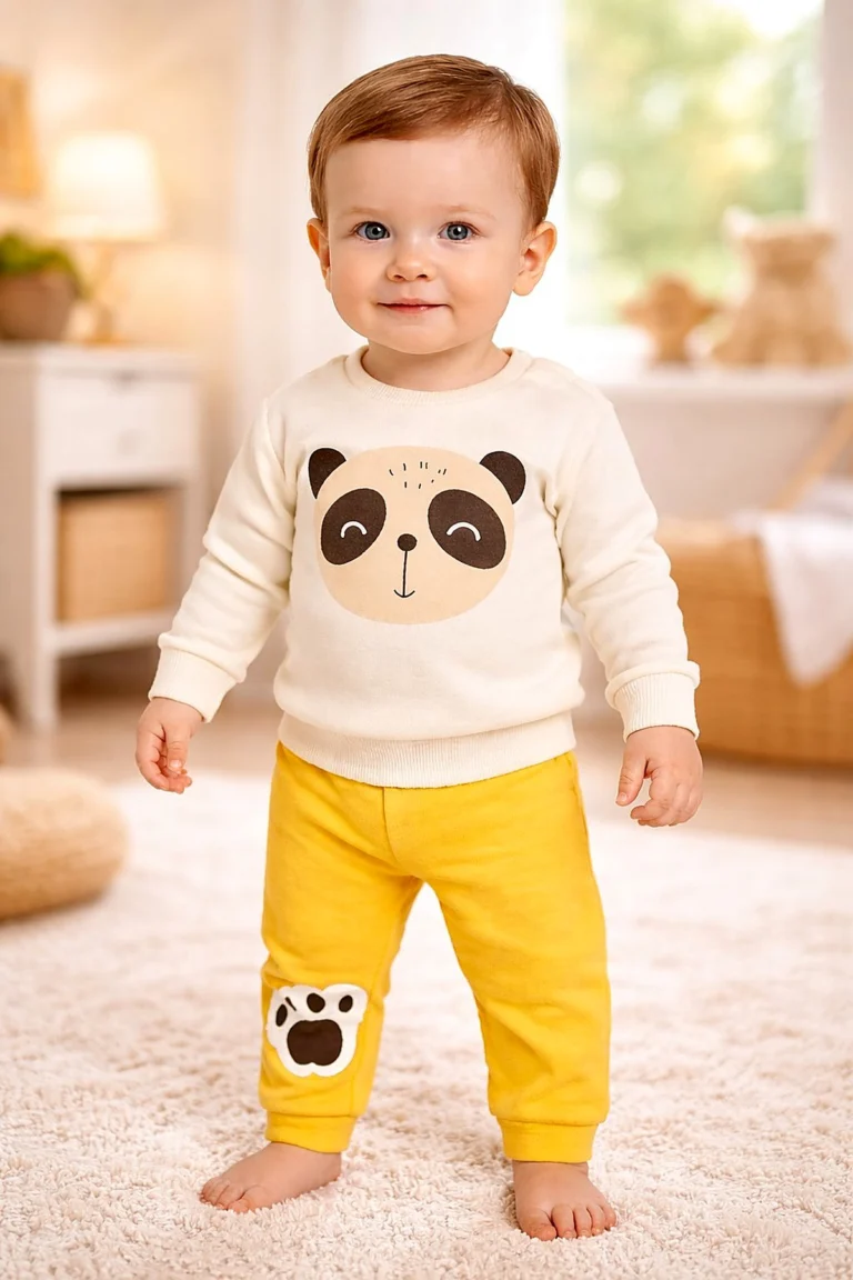 Erkek Bebek Sarı Panda Baskılı Pamuklu Takım yandan tam giyimli bebek mankenli görünüm