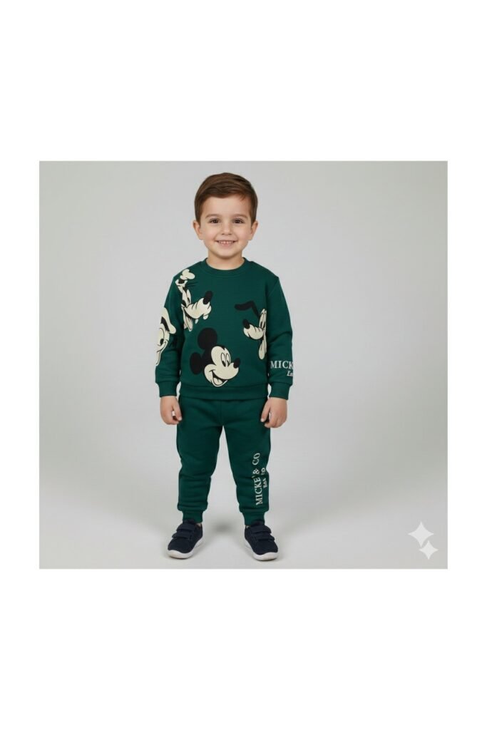 Erkek Bebek ve Çocuk Yeşil Mickey Baskılı 3 İp Şardonsuz Takım 2-6 Yaş