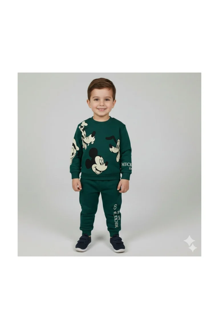 Erkek Bebek ve Çocuk Yeşil Mickey Baskılı 3 İp Şardonsuz Takım 2-6 Yaş