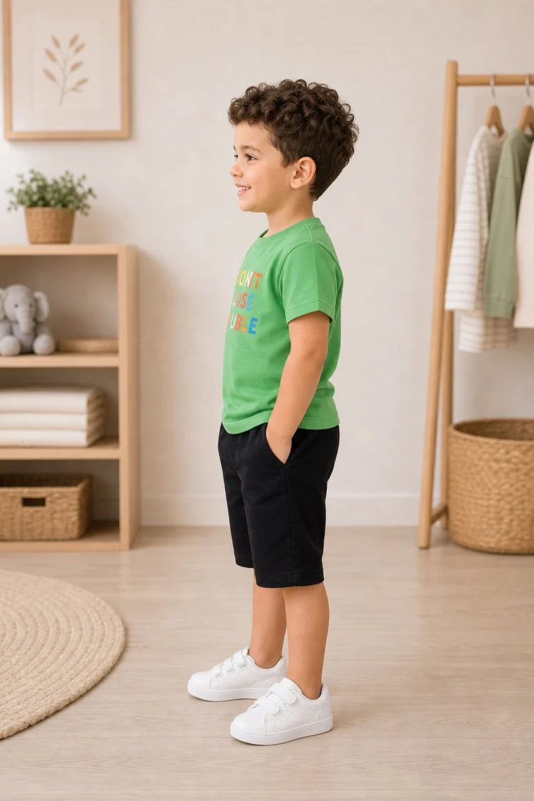 Erkek Bebek ve Çocuk Yeşil Yazılı Şortlu Takım yandan gerçekçi çocuk mankenli tam giyimli görünüm