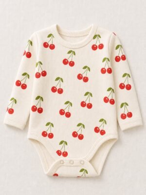 Kız Bebek Kiraz Baskılı Uzun Kollu Çıtçıtlı Body önden mankensiz ürün görünümü