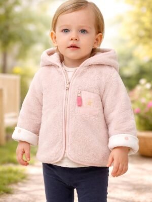 Kız Bebek ve Çocuk Açık Pembe Fermuar Cepli Kapüşonlu Peluş Mont önden tam giyimli bebek mankenli görünüm