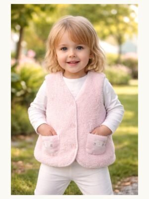 Kız Bebek ve Çocuk Pudra Kedi Cepli Peluş Yelek önden tam giyimli bebek mankenli görünüm