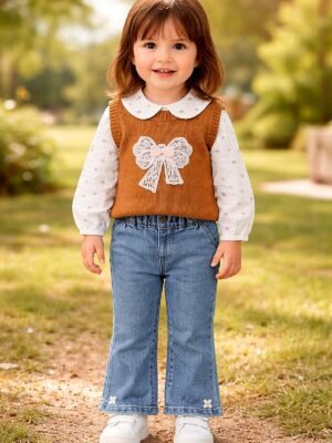 Kız Bebek Fiyonk Detaylı Triko Süveterli Kot Pantolon Takım önden tam giyimli bebek mankenli görünüm