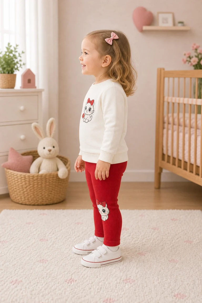 Kız Bebek Kedi Baskılı Fitilli Taytlı Beyaz Takım yandan gerçekçi çocuk mankenli tam giyimli görünüm
