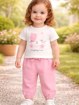 Kız Bebek Pembe Kedi Baskılı Keten Pantolonlu Takım önden tam giyimli bebek mankenli görünüm