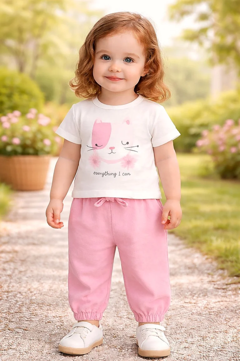 Kız Bebek Pembe Kedi Baskılı Keten Pantolonlu Takım 9-24 Ay