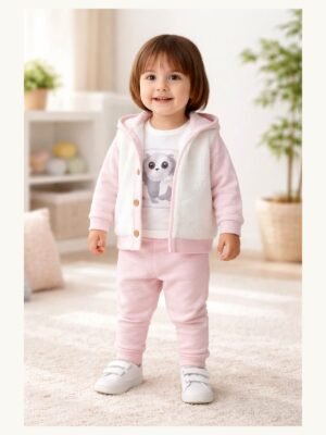 Kız Bebek Pembe Pelüş Kapüşonlu Hırkalı Panda Baskılı Takım önden tam giyimli bebek mankenli görünüm