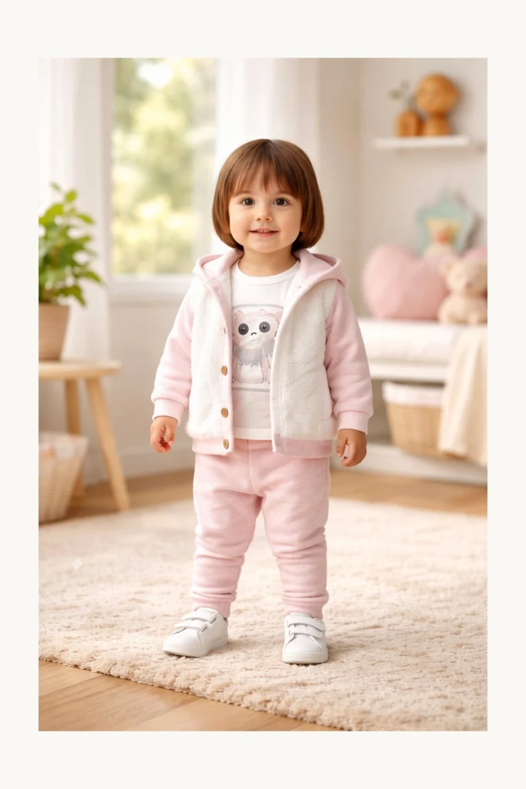 Kız Bebek Pembe Pelüş Kapüşonlu Hırkalı Panda Baskılı Takım yandan tam giyimli bebek mankenli görünüm