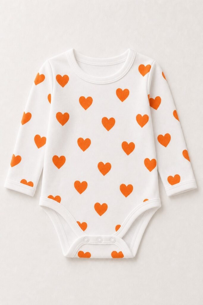 Kız Bebek Turuncu Kalp Baskılı Uzun Kollu Çıtçıtlı Body 1-3 Yaş