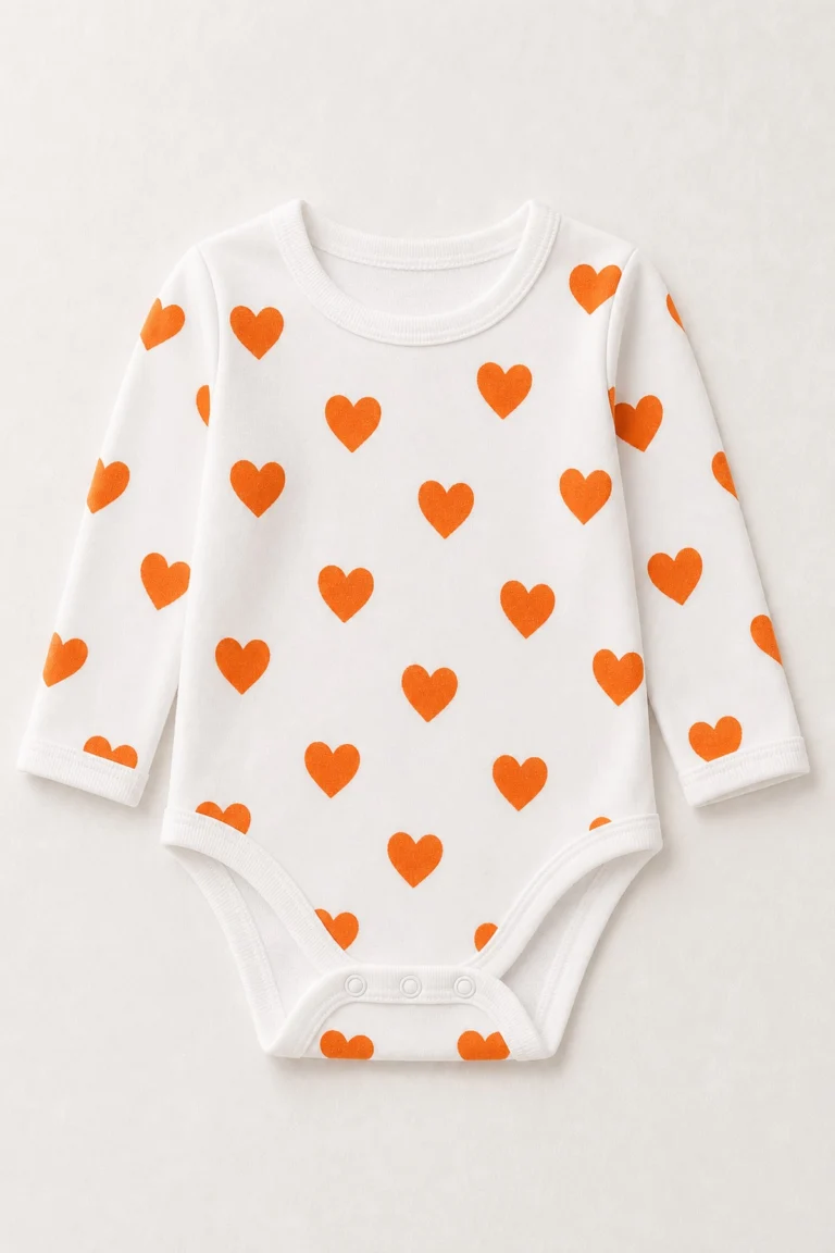Kız Bebek Turuncu Kalp Baskılı Uzun Kollu Çıtçıtlı Body 1-3 Yaş