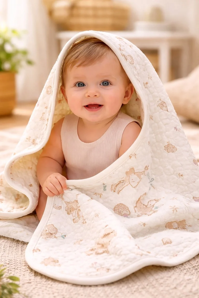 Unisex Bebek Little Dear Yazılı Yavru Ceylan Baskılı Organik Pamuklu Battaniye yandan bebekli battaniye kullanım görünümü
