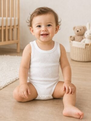 Unisex beyaz jakarlı kalın askılı çıtçıtlı bady 6-18 ay önden görünüm tek bebek mankenli