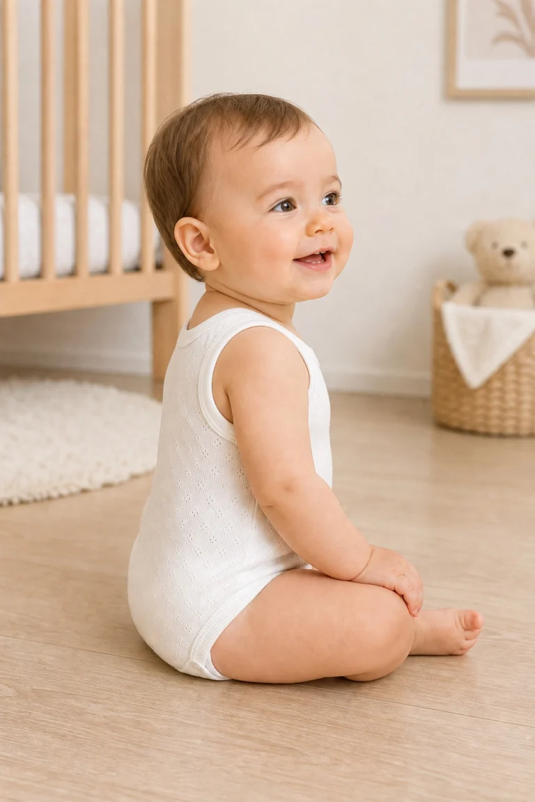 Unisex beyaz jakarlı kalın askılı çıtçıtlı bady 6-18 ay yandan görünüm tek bebek mankenli