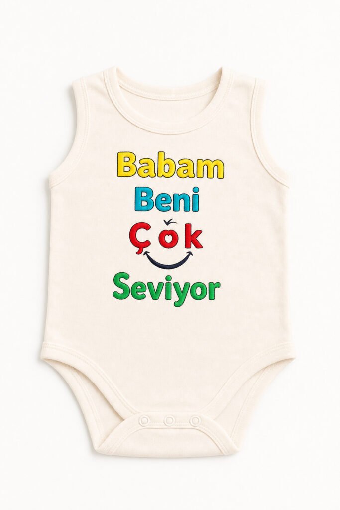 Unisex Bebek Krem Babam Beni Çok Seviyor Yazılı Sıfır Kollu Çıtçıtlı Body 1-9 Ay
