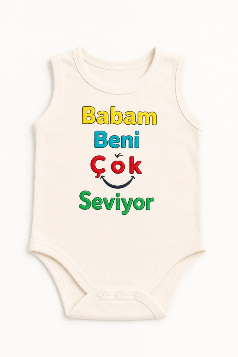 Unisex Bebek Krem Babam Beni Çok Seviyor Yazılı Sıfır Kollu Çıtçıtlı Body 1-9 Ay