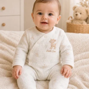 Unisex Little Dear Yavru Geyik Baskılı Ayaklı Tulum önden gerçekçi bebek mankenli tam giyimli görünüm