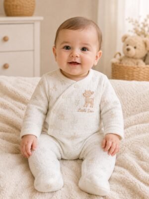 Unisex Little Dear Yavru Geyik Baskılı Ayaklı Tulum önden gerçekçi bebek mankenli tam giyimli görünüm