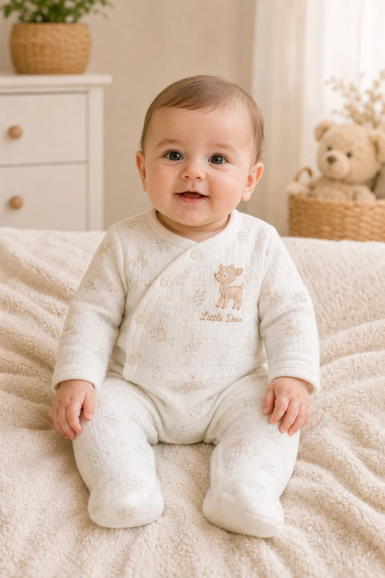 Unisex Little Dear Yavru Geyik Baskılı Organik Pamuklu Ayaklı Tulum 3-9 Ay
