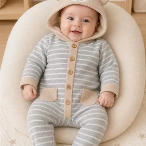 Unisex welsoft içli kapüşonlu çizgili bebek tulum önden görünüm 3-6 ay bebek mankenli