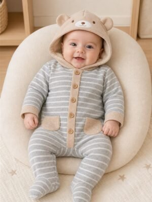 Unisex welsoft içli kapüşonlu çizgili bebek tulum önden görünüm 3-6 ay bebek mankenli