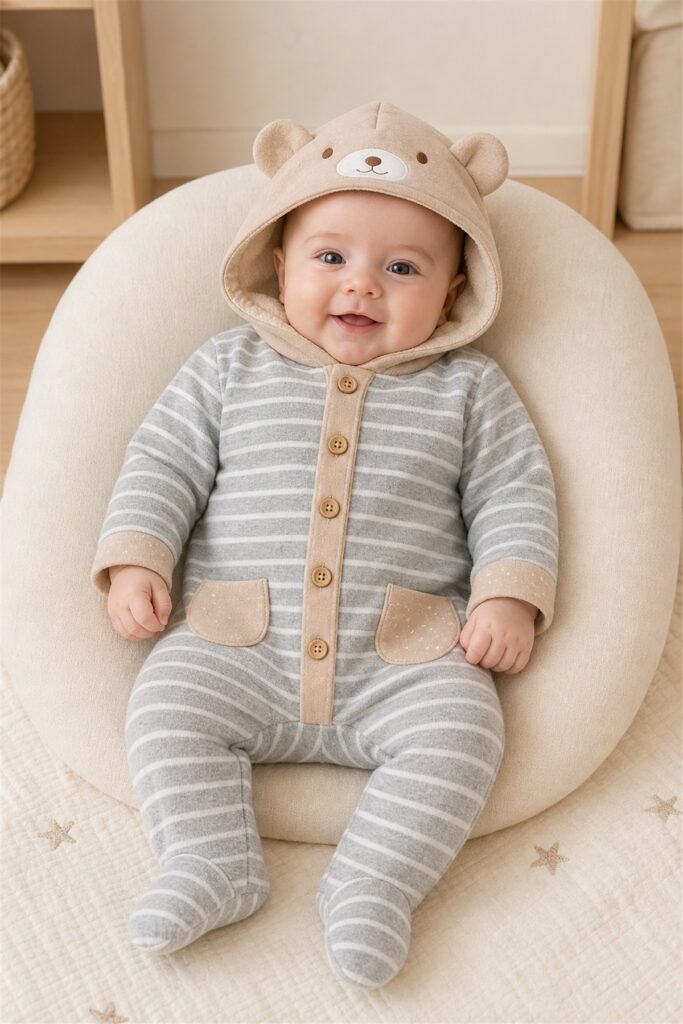 Unisex Welsoft İçli Kapüşonlu Çizgili Bebek Tulum