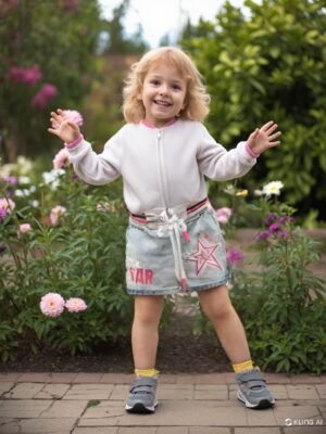 Kız Çocuk Yıldız Desenli Kot Etek - Lastikli Bel Detaylı - Mavi - 3 - 4 Yaş