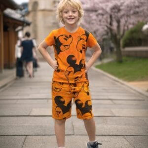 Turuncu renkli Mickey baskılı erkek bebek takımı, kısa kollu ve şortlu rahat giyim