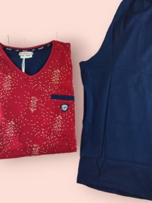 Erkek Kaprili Pijama Takımı Tişört Kapri Bordo Lacivert rahat ve şık tasarım