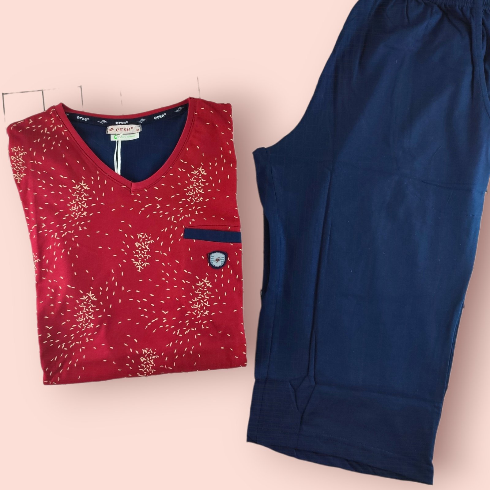 Erkek Kaprili Pijama Takımı Tişört Kapri Bordo Lacivert rahat ve şık tasarım