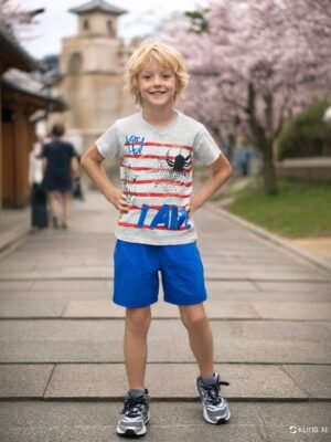 Erkek çocuk şortlu takım gri renkli baskılı tişört ve mavi şort, rahat ve dayanıklı