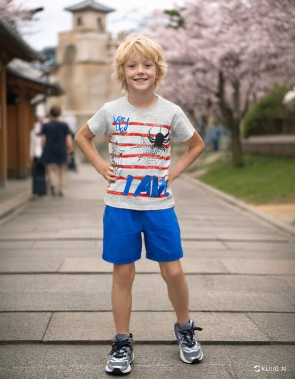 Erkek çocuk şortlu takım gri renkli baskılı tişört ve mavi şort, rahat ve dayanıklı