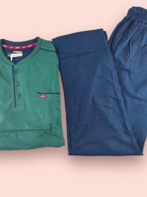 Erkek Düğmeli Pamuklu Uzun Kollu Pijama Takımı - Mavi 100% Pamuklu Uyku Seti - Almira Bebek