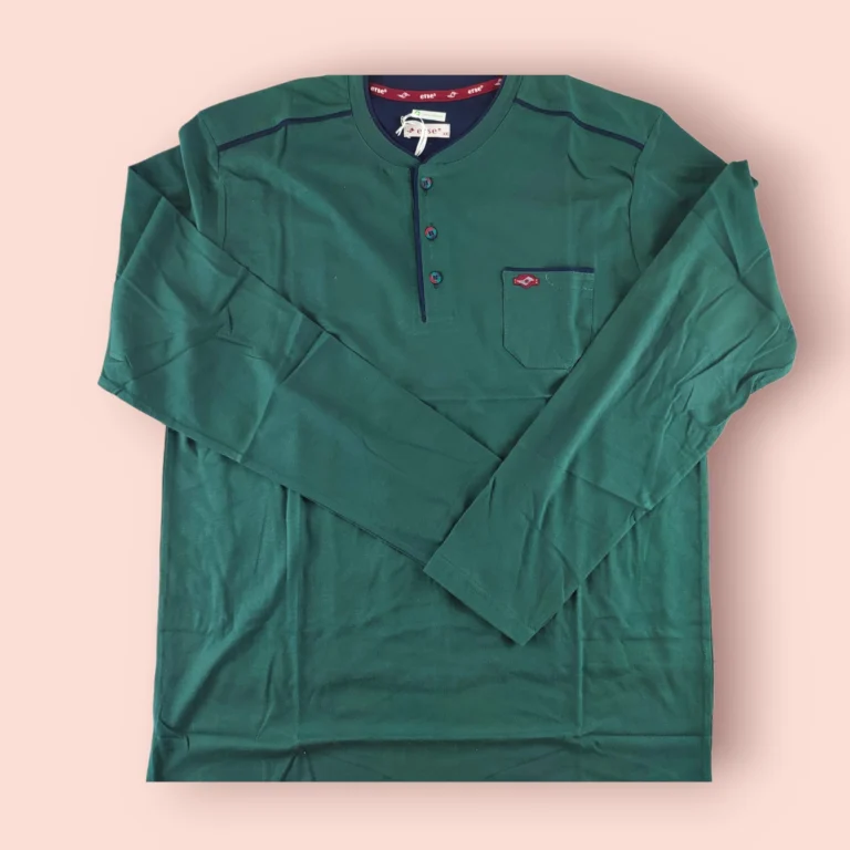 Erkek Düğmeli Pamuklu Uzun Kollu Pijama Takımı Yeşil Konforlu Uyku Seti - Gorsel 2