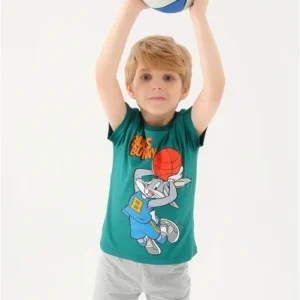 Bugs Bunny Baskılı Erkek Çocuk Tişört Yeşil 2-8 Yaş rahat giyim