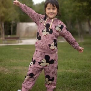 Pembe Kapşonlu Bebek Takımı 2 Parça Kız Bebek Giyim Mickey Baskılı rahat ve şık