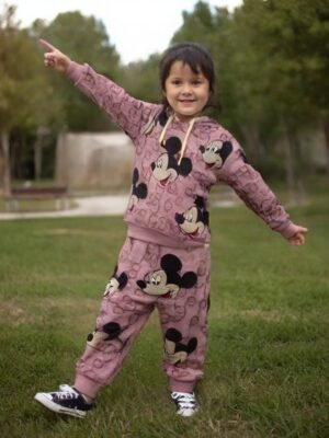 Pembe Kapşonlu Bebek Takımı 2 Parça Kız Bebek Giyim Mickey Baskılı rahat ve şık