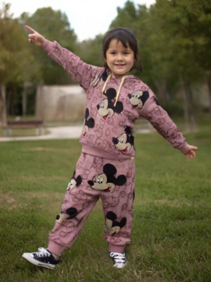 Pembe Kapşonlu Bebek Takımı 2 Parça Mickey Baskılı Günlük Giyim